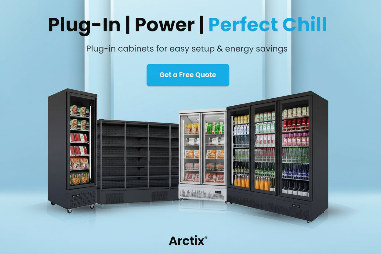 Advertisement for Arctix plug-in refrigeration cabinets with product display and branding.